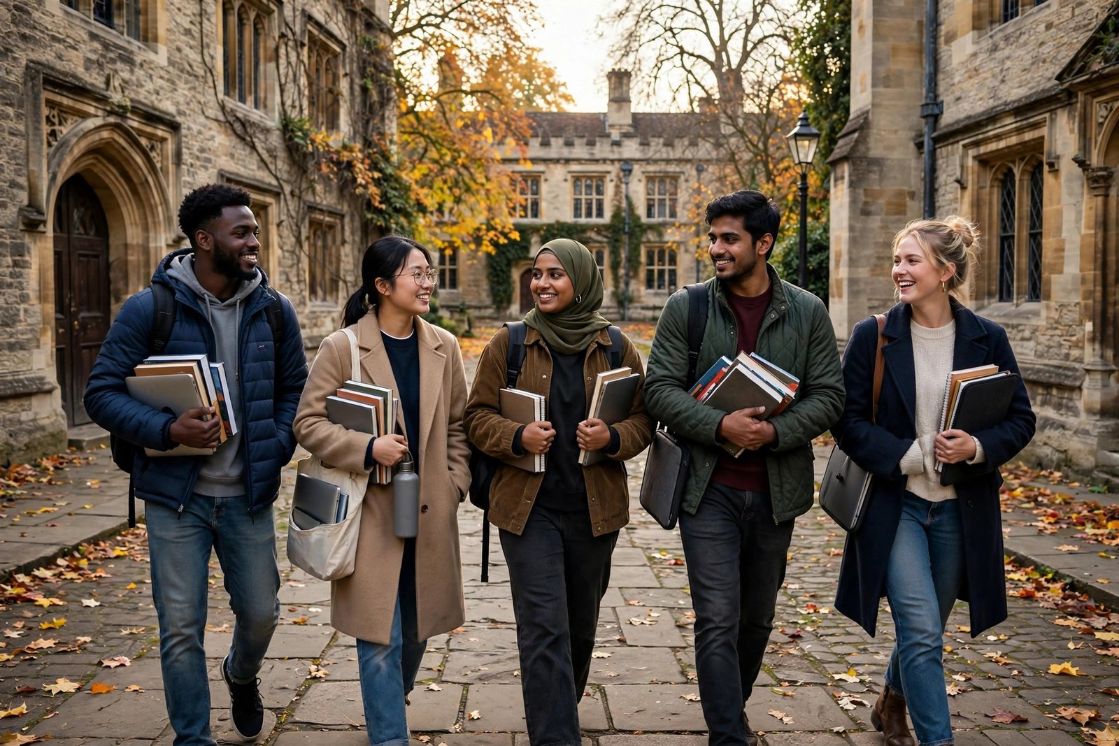 International postgraduate students walking across a UK university campus on their way to a Commonwealth Shared Scholarship Master's course