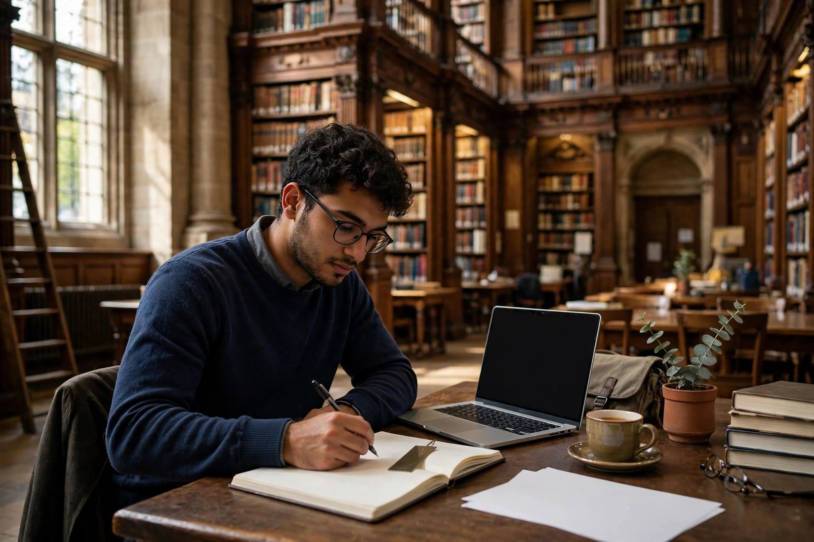 A Master's student reading in a UK university library while preparing a Commonwealth Shared Scholarship development impact statement