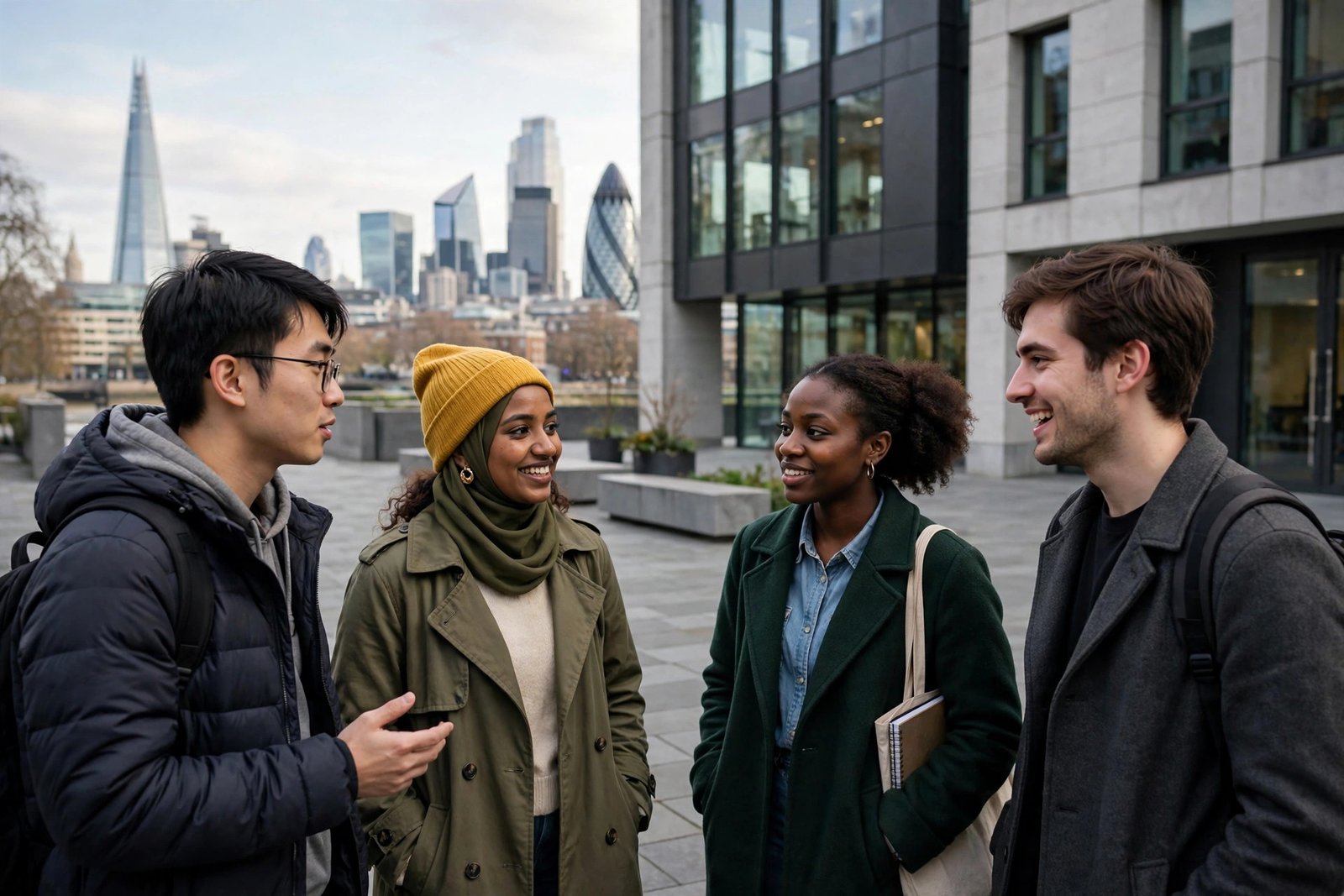 International Master's students talking outside a UK university building while preparing Commonwealth Master's Scholarship applications