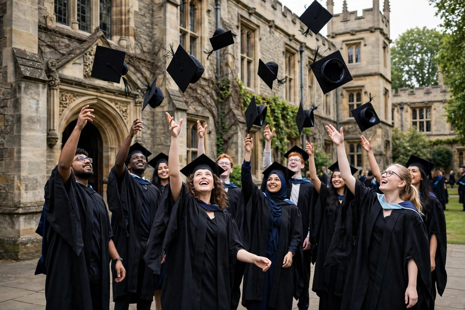 Graduates celebrating at a UK university ceremony after completing a Commonwealth Master's Scholarship
