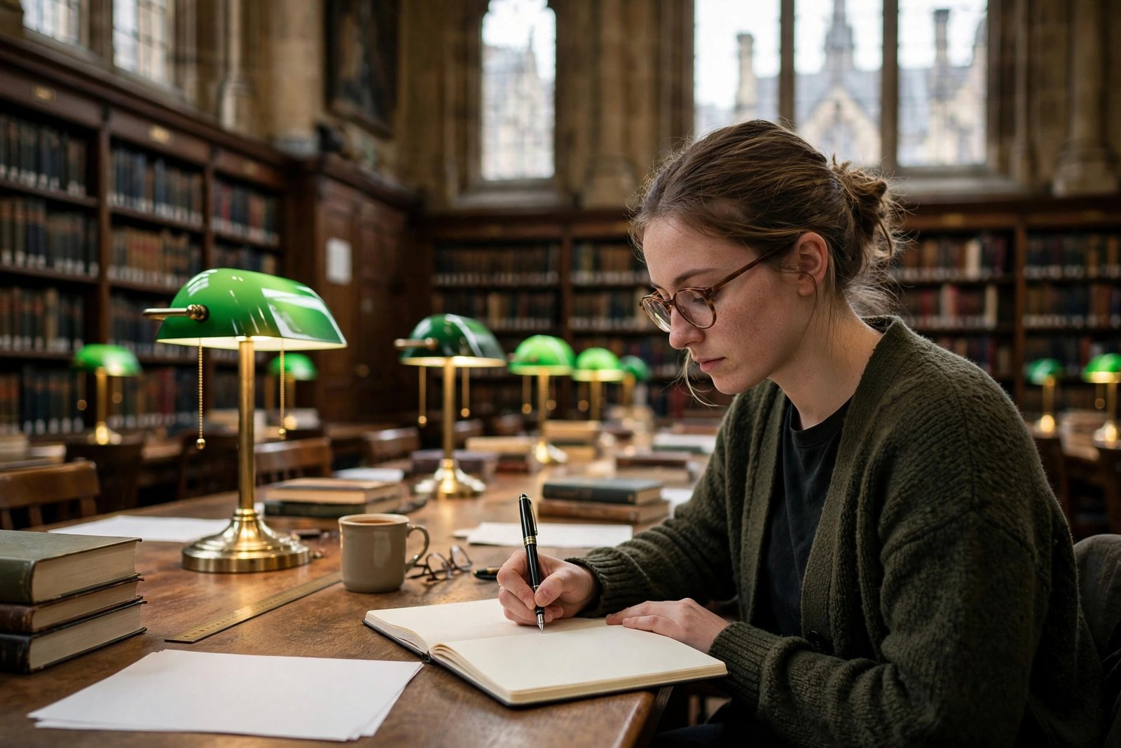 A PhD student developing a research proposal in a UK university reading room for a Commonwealth PhD Scholarship application