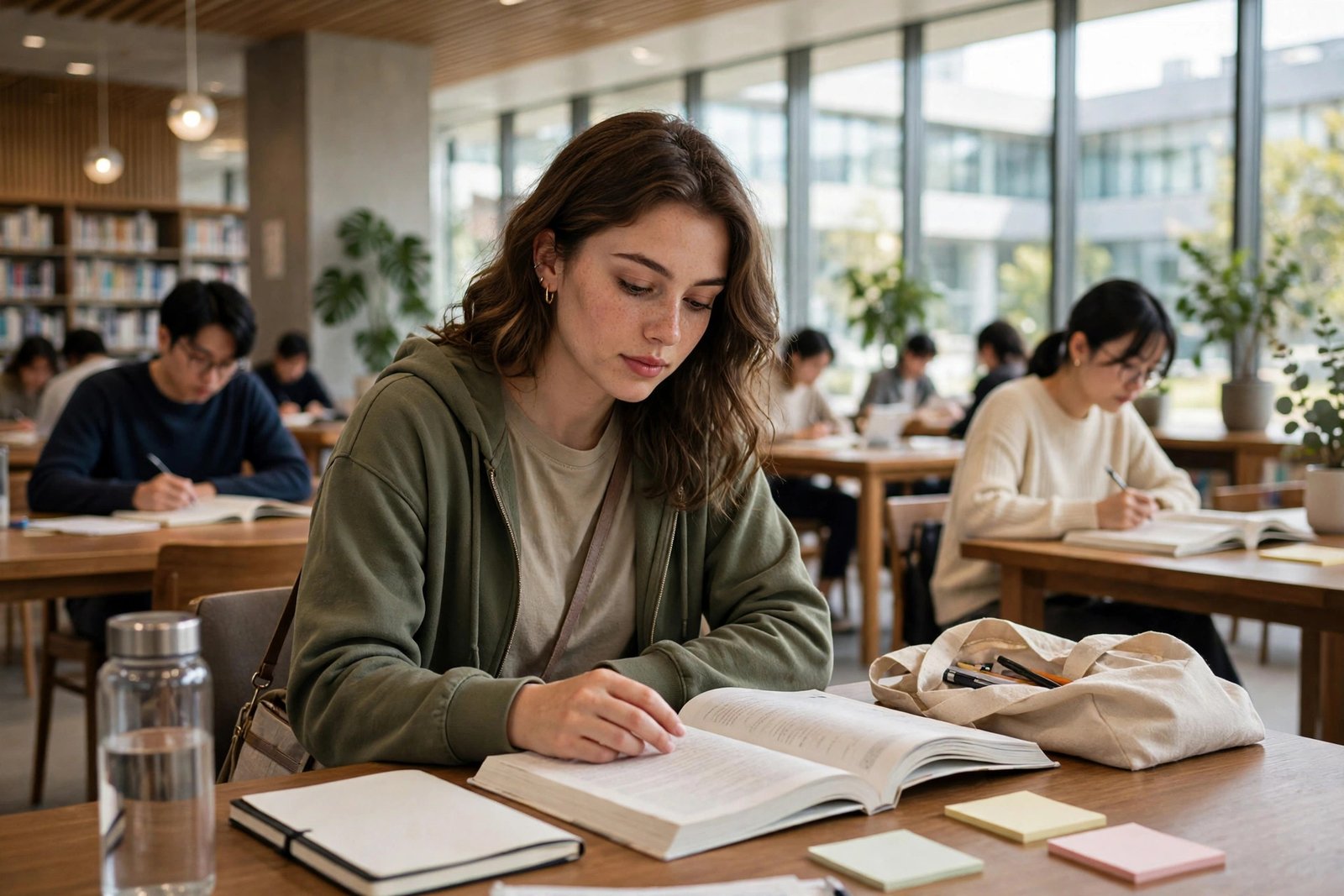 MEXT undergraduate student studying Japanese in a university library in Japan