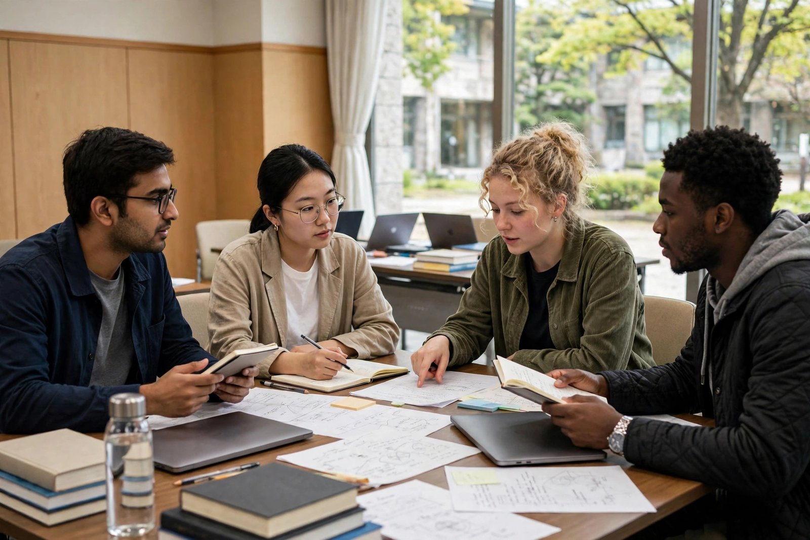 MEXT master's and PhD students discussing a research plan at a Japanese university