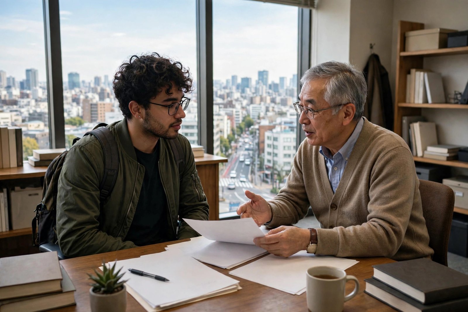 International graduate student meeting a professor at a Japanese university for MEXT university recommendation