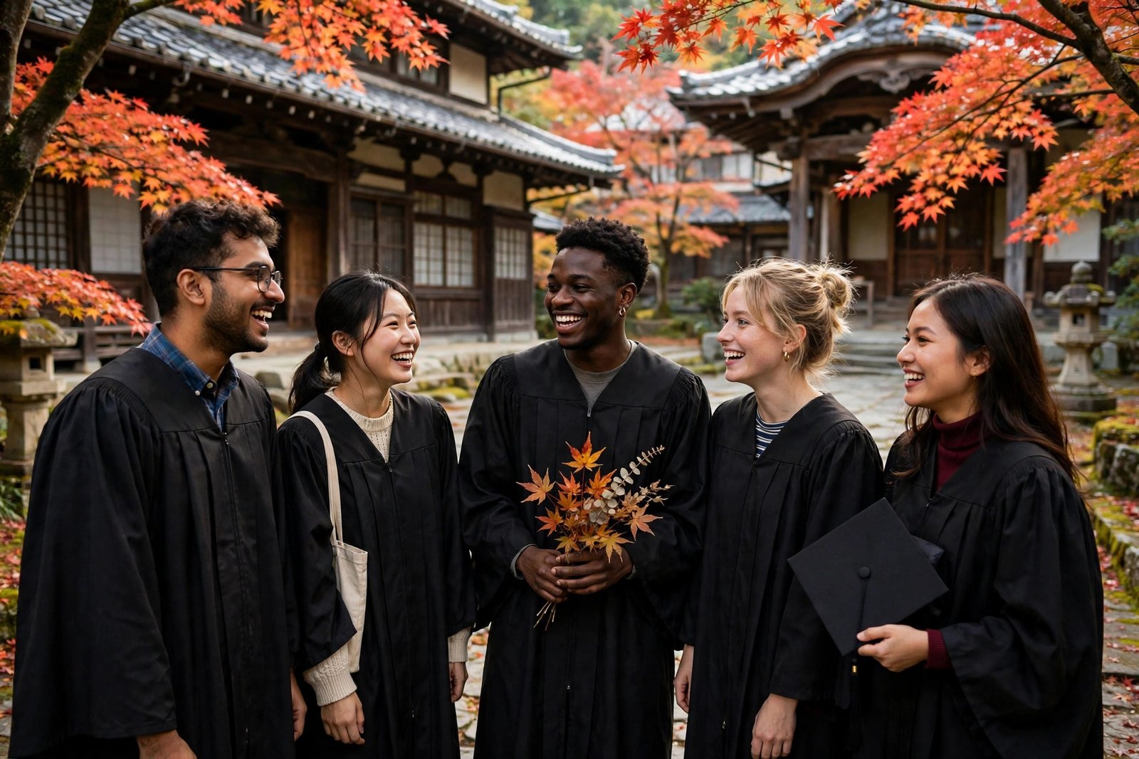 Graduate students celebrating graduation at a Japanese university after MEXT study