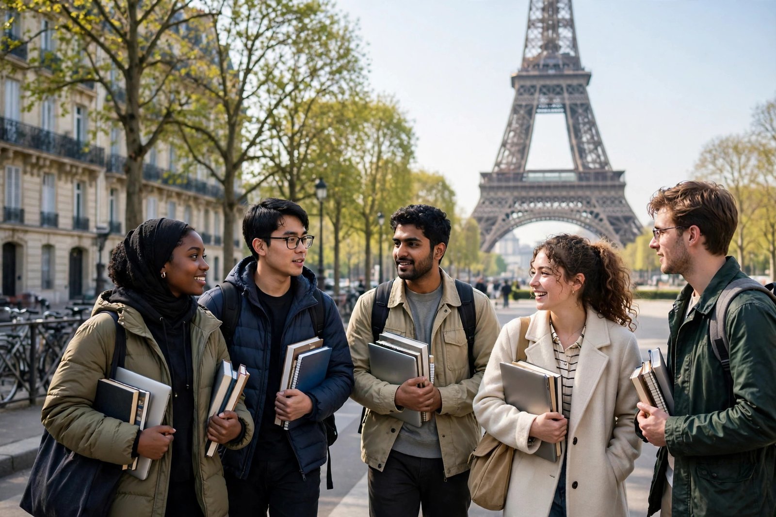 International graduate students walking near the Eiffel Tower in Paris while preparing Eiffel Excellence Scholarship applications
