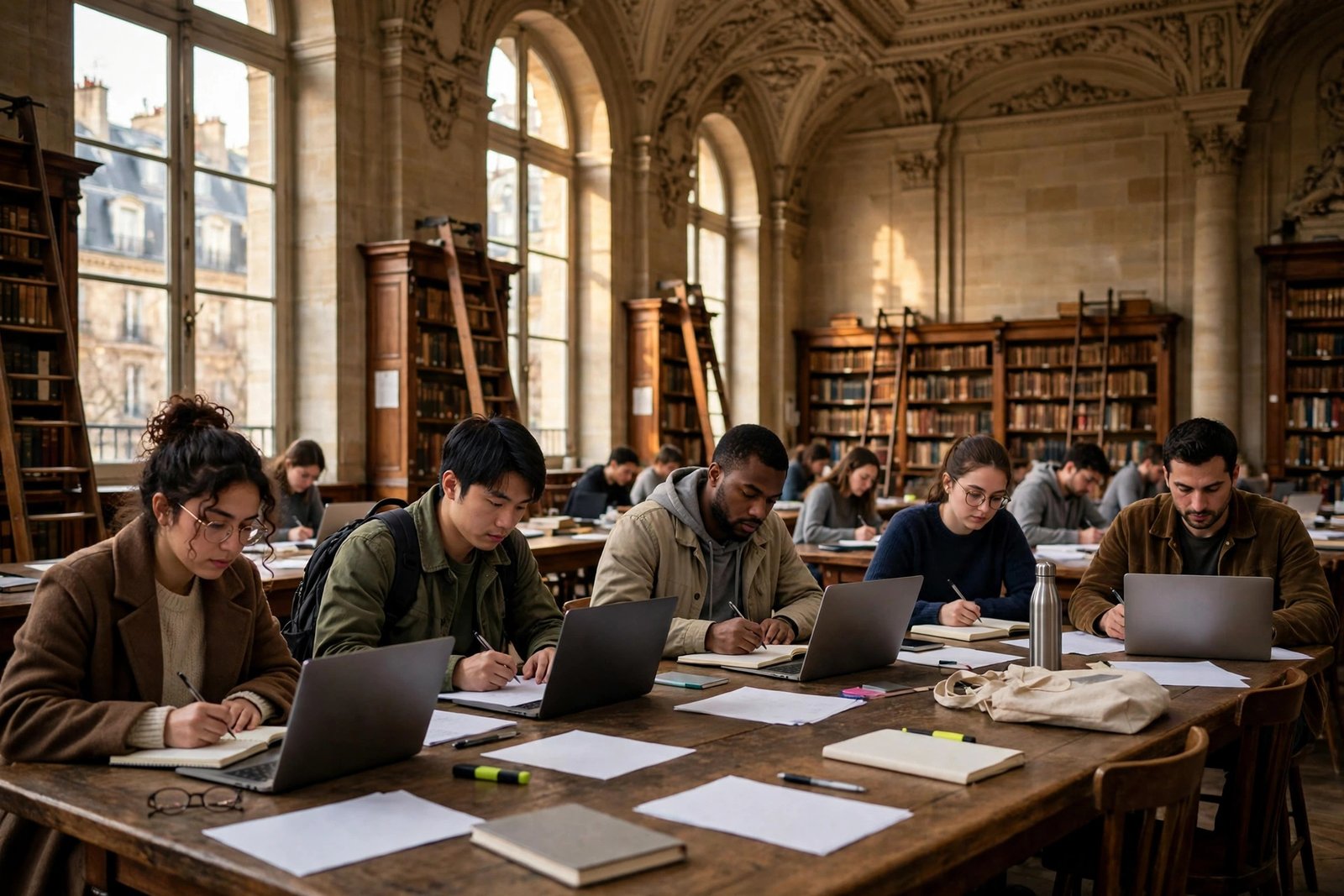 International master's and PhD students studying in a historic French university library in Paris