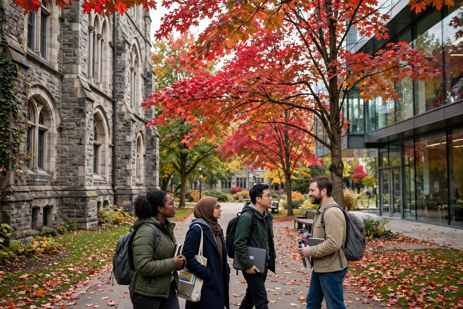Doctoral students walking across a Canadian university campus in autumn, relevant to the Canada Graduate Research Scholarship Doctoral alternative to Vanier