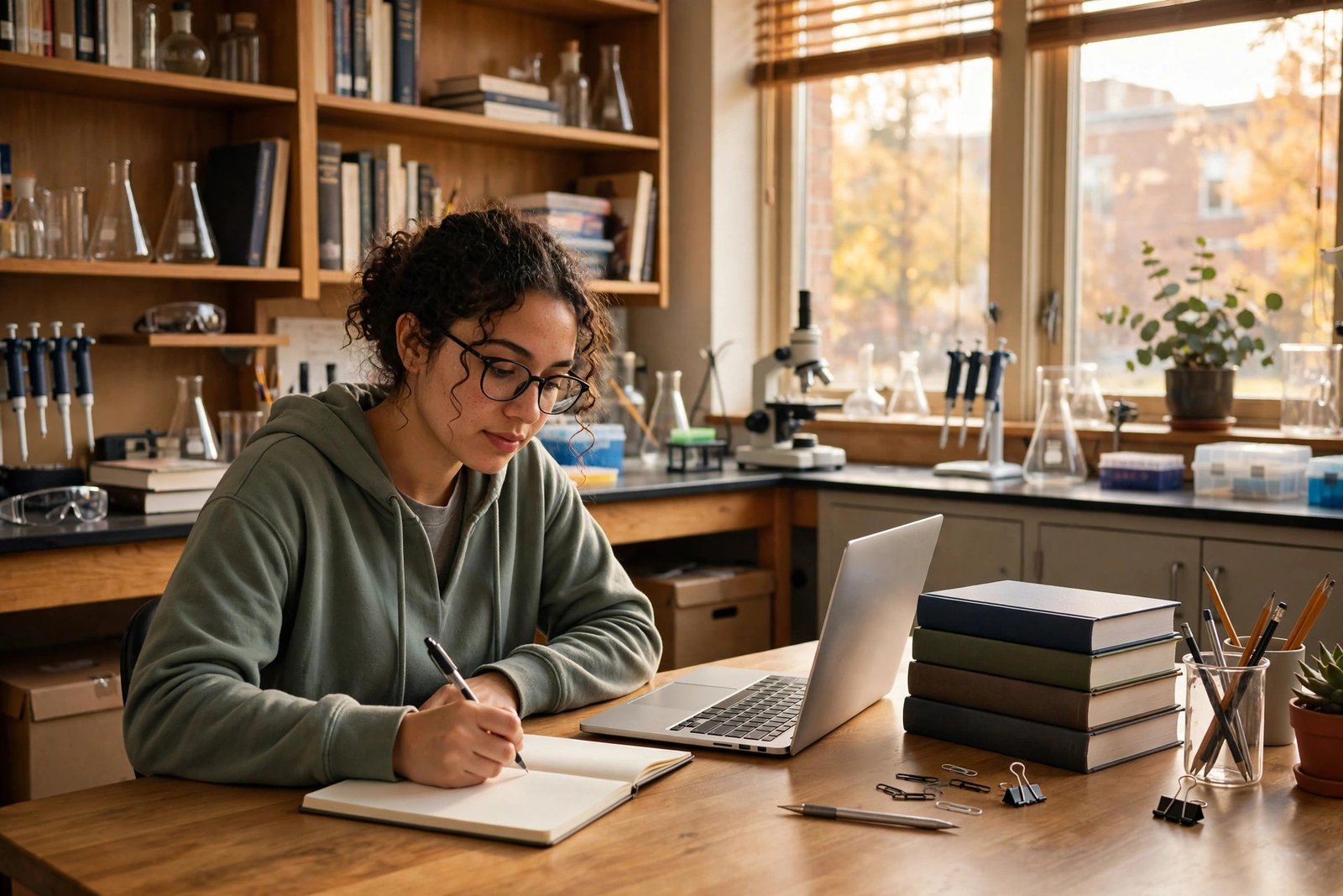 A doctoral researcher writing in a Canadian university library, illustrating CGRS-D research training under the Canada Research Training Awards Suite