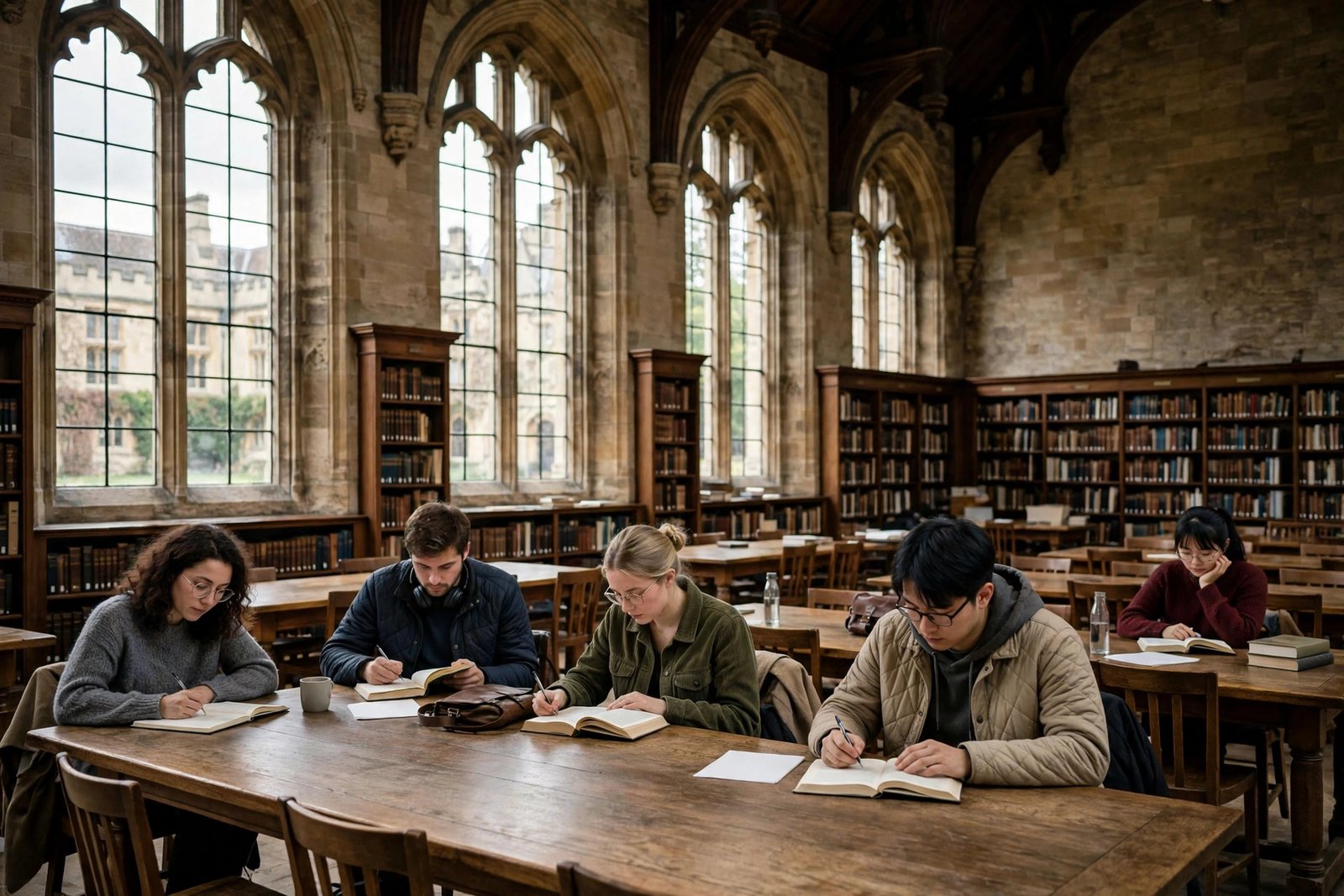 Graduate students studying in a historic Oxford college library, illustrating Rhodes Scholarship postgraduate study at Oxford