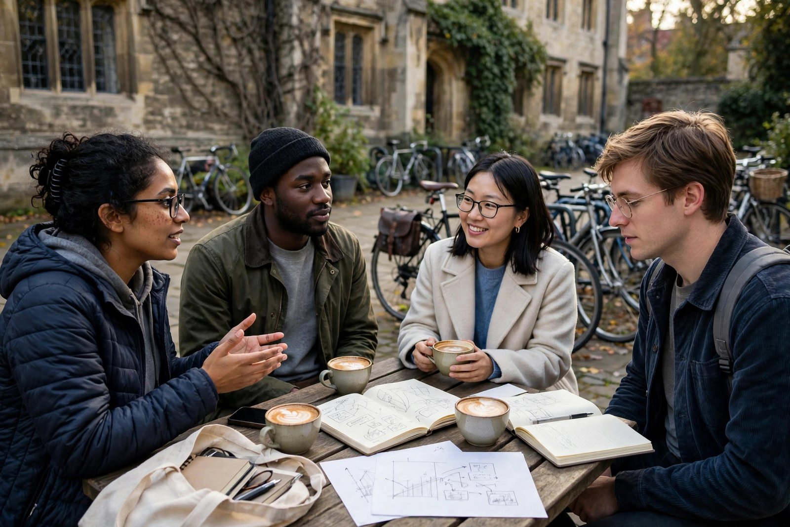Postgraduate students discussing research outside a University of Cambridge building, illustrating Gates Cambridge Scholars' academic community