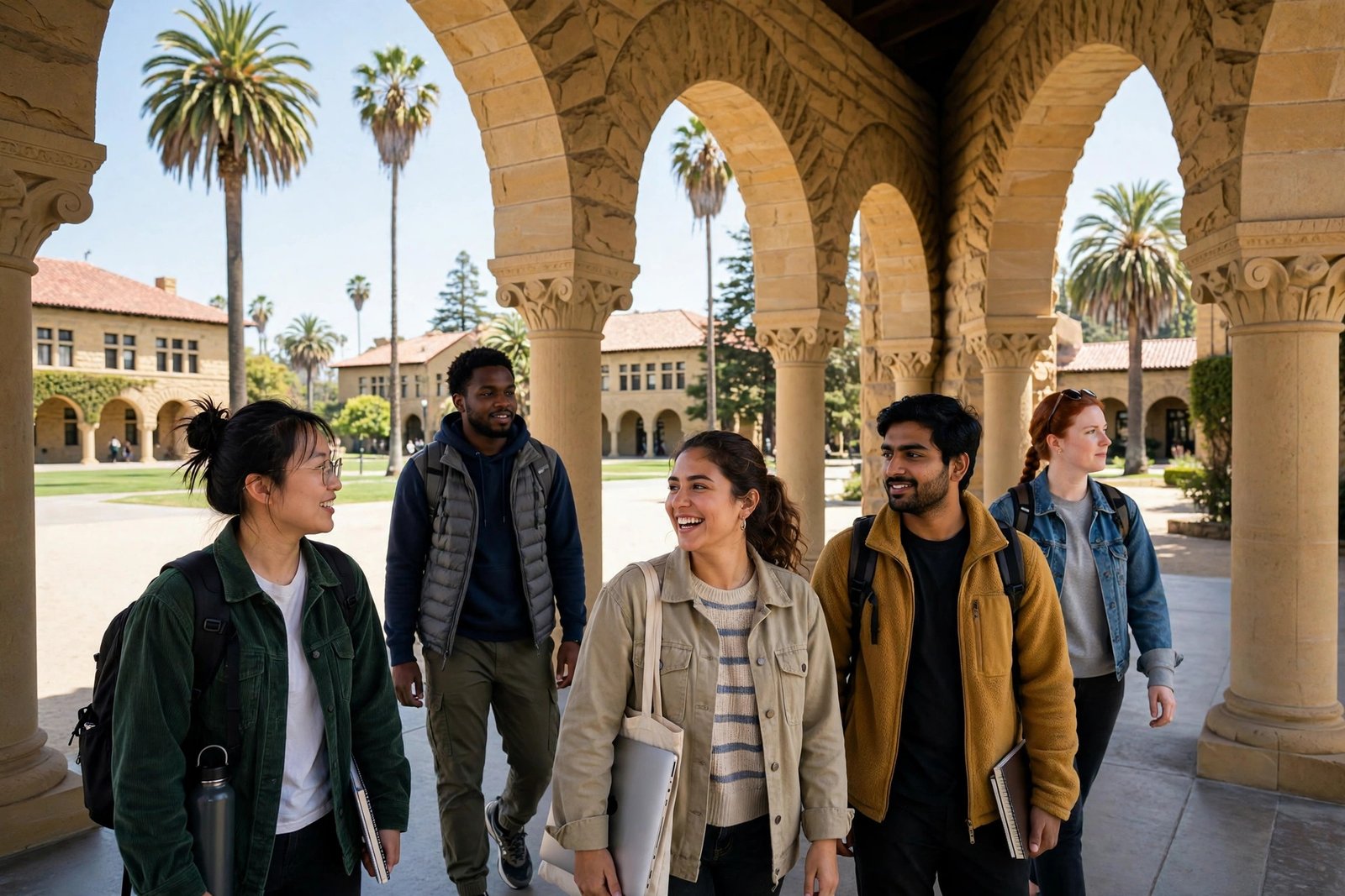 Graduate students walking across the Stanford University campus in California