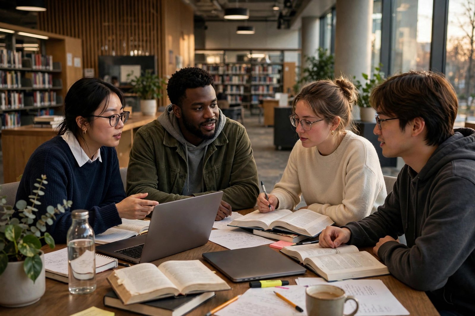 Graduate students studying together in a Stanford university library