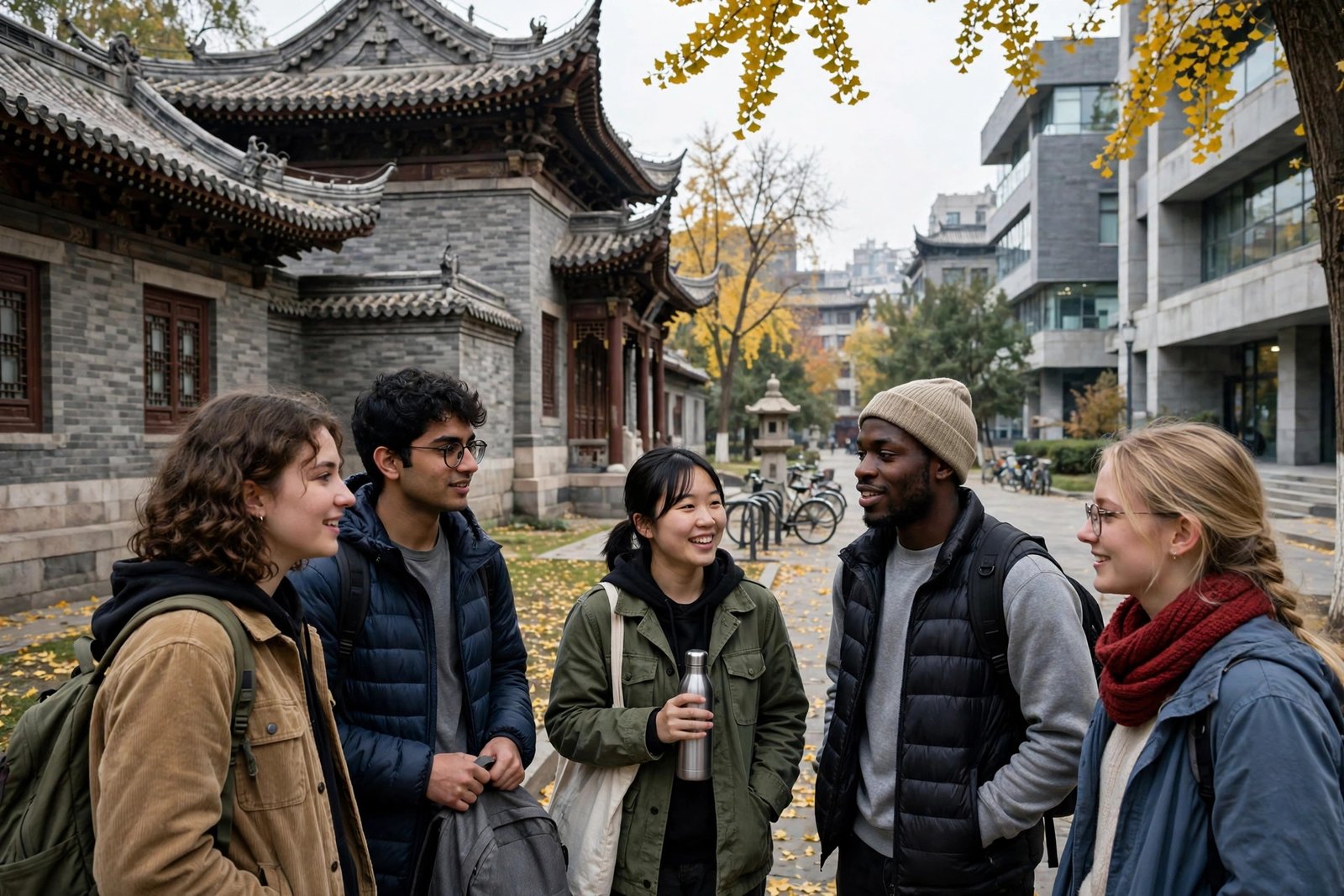 International students on the Tsinghua University campus in Beijing, China