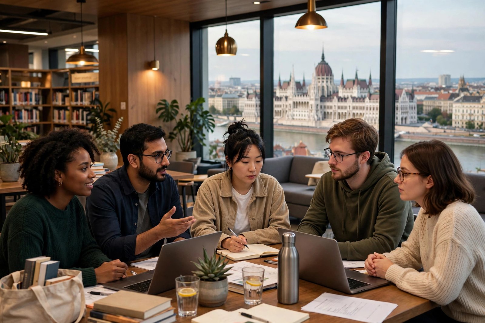 Graduate students studying in a Hungarian university library on the Stipendium Hungaricum Scholarship