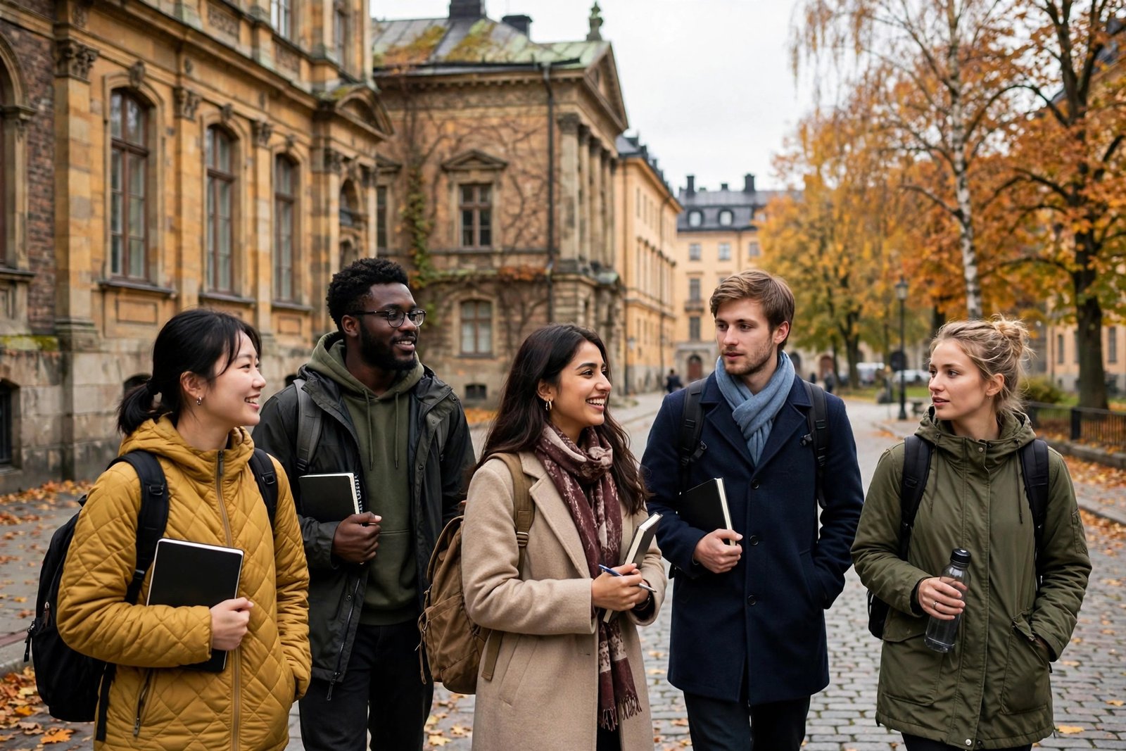 International master's students walking near historic university buildings in Stockholm, Sweden