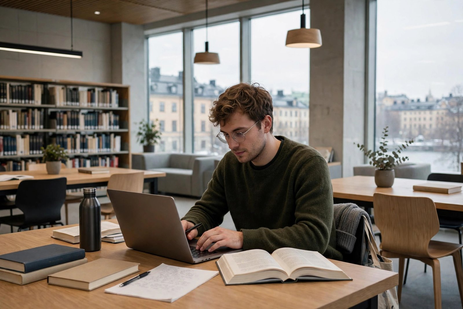 Student studying in a modern Swedish university library with natural Nordic light