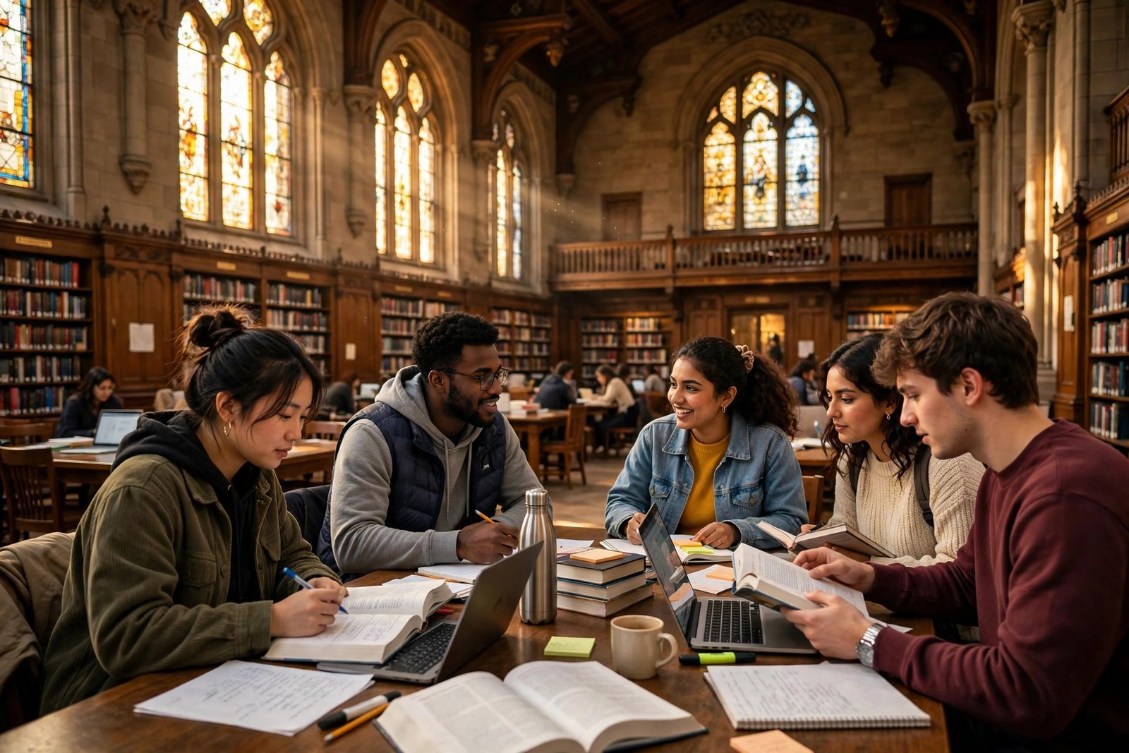 Undergraduate students studying together in a grand university library in Toronto