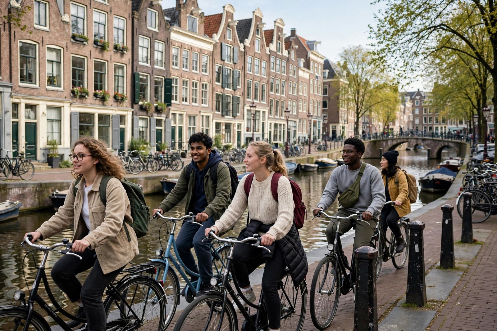 International students cycling along canals in Amsterdam, Netherlands