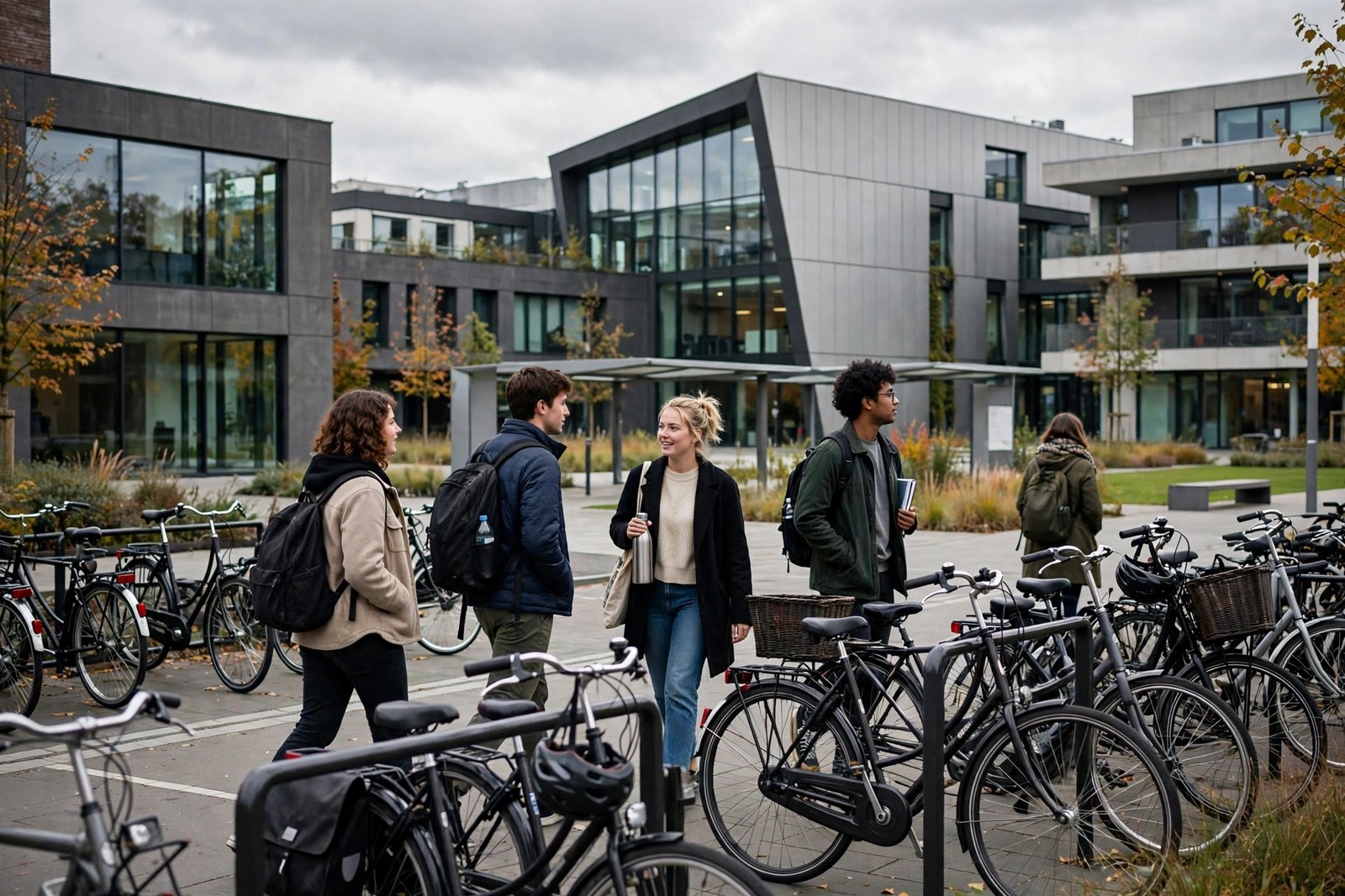 Students walking on a modern Dutch university campus in the Netherlands