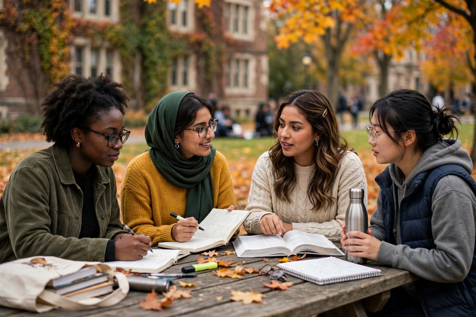Women graduate scholars studying together on a university campus in the USA for the AAUW International Fellowships