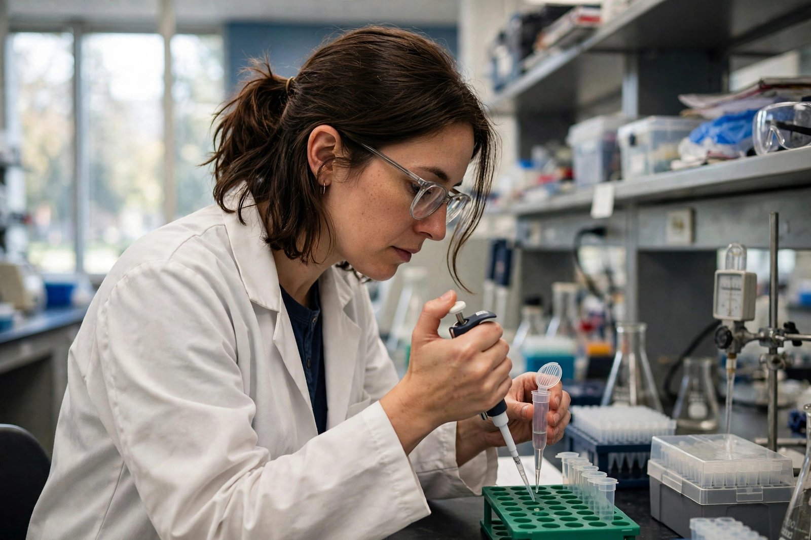 Woman doctoral researcher working in a university laboratory in the USA