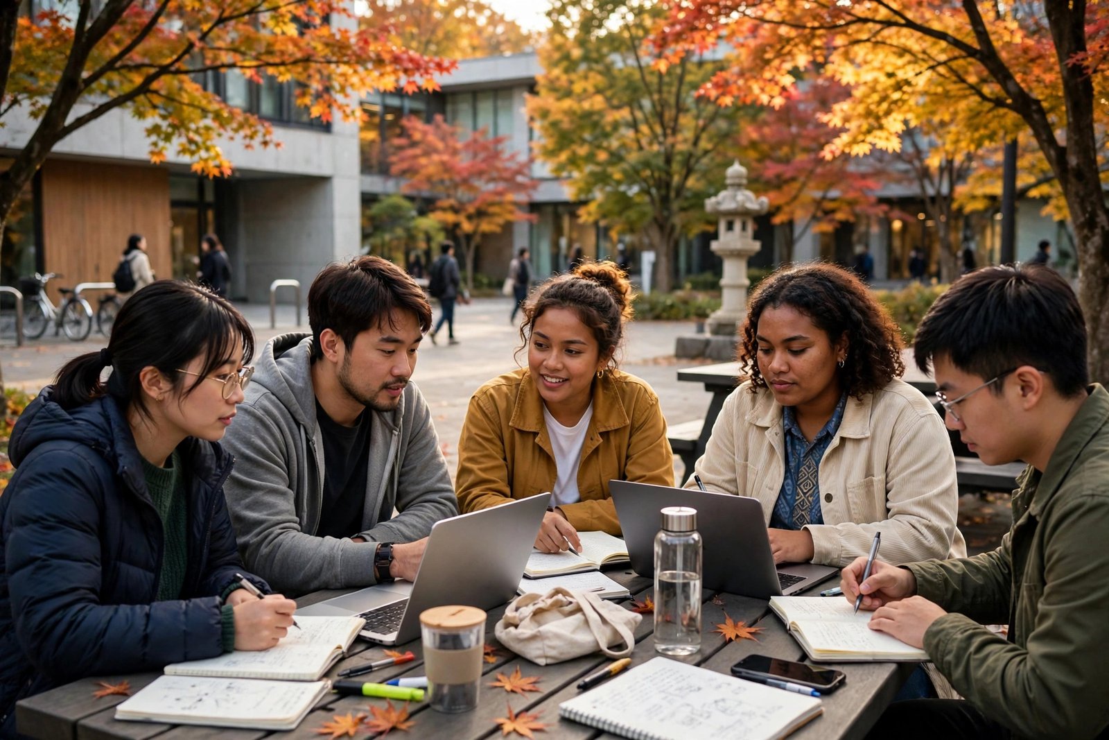 Graduate students from Asia and the Pacific studying together on a university campus in Japan under the ADB-JSP scholarship