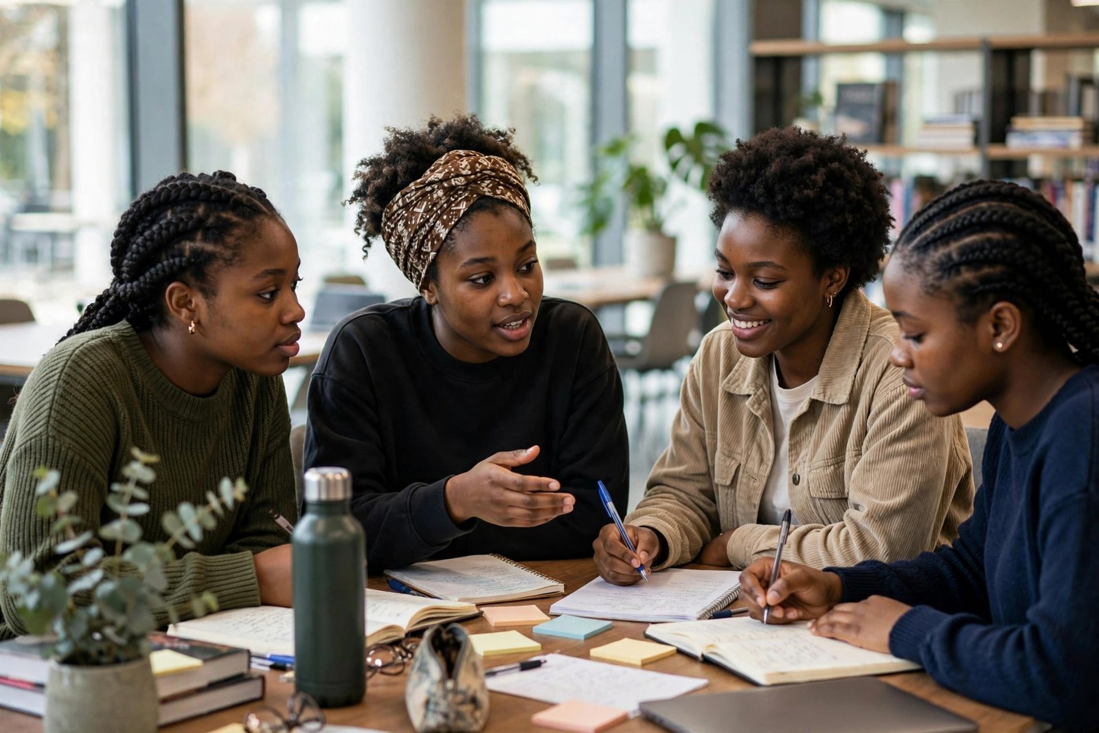 Young African women students collaborating in a university library with Mastercard Foundation Scholars Program support