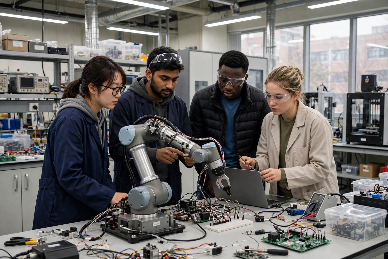 International engineering students working with a robot in a KAIST laboratory in South Korea