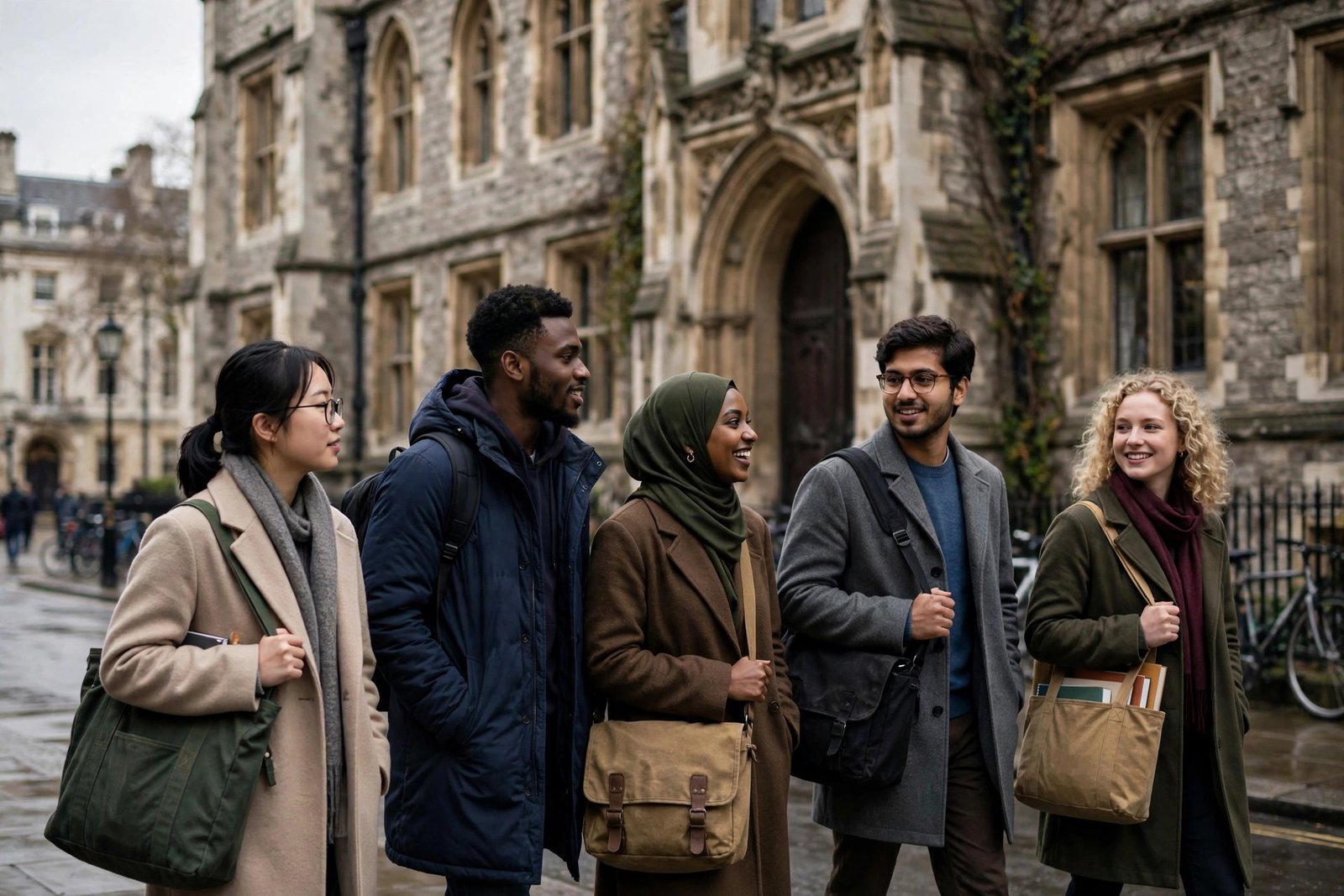 International master's students walking near a historic university building in London for GREAT Scholarships UK