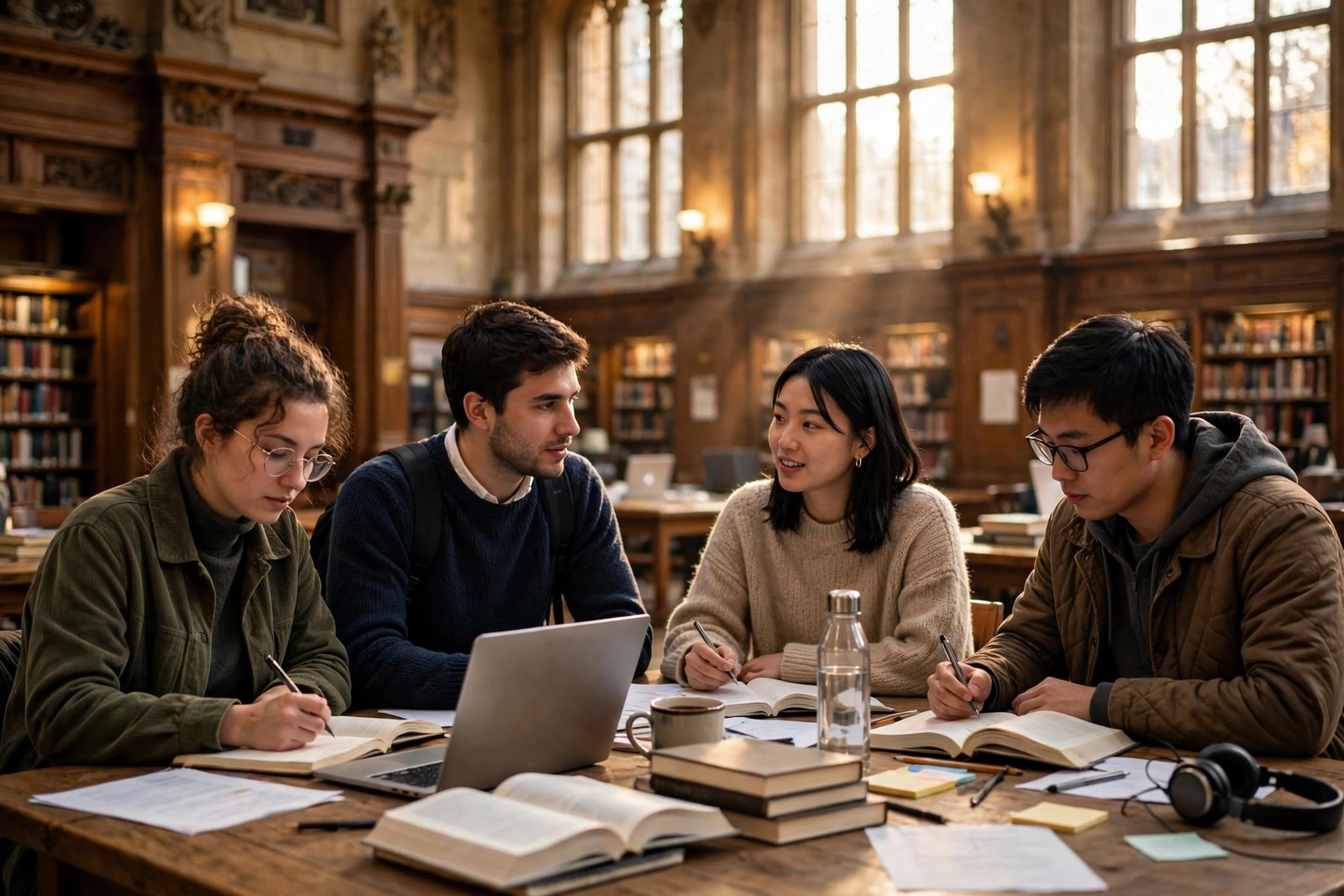 Postgraduate students studying in a British university library with a GREAT Scholarship in the UK
