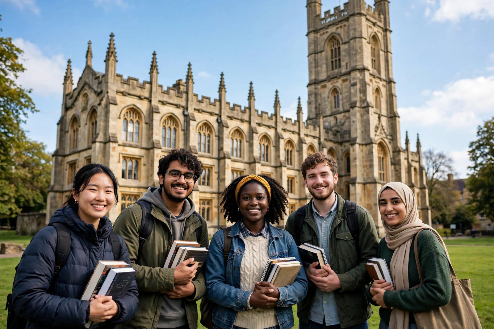 International students in front of a historic university tower in Bristol applying for Think Big Scholarships