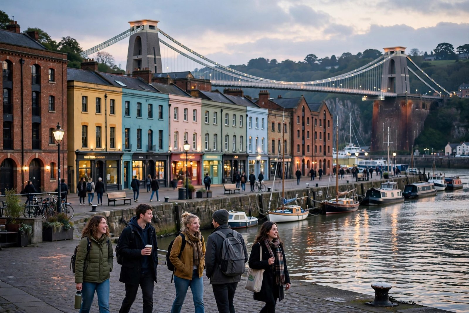 Students walking along a colourful harbour waterfront in Bristol UK for Think Big Scholarships at the University of Bristol