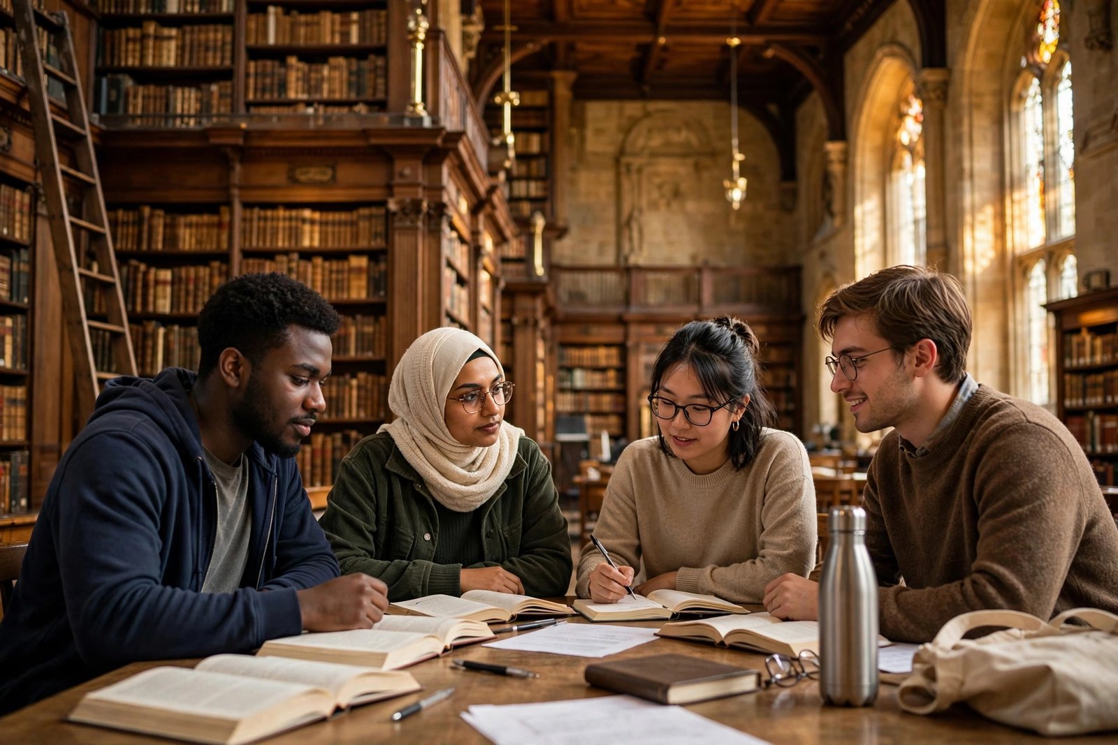 Graduate students studying in a historic Oxford library, supported by the Clarendon Fund