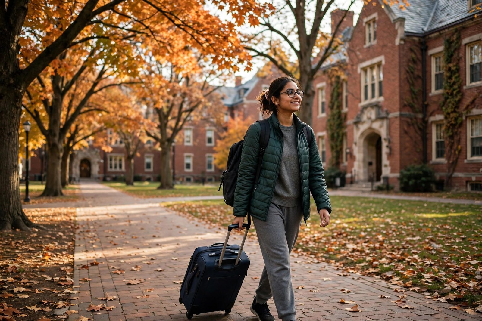 Indian graduate student arriving at a US university campus on a Fulbright-Nehru Master's Fellowship