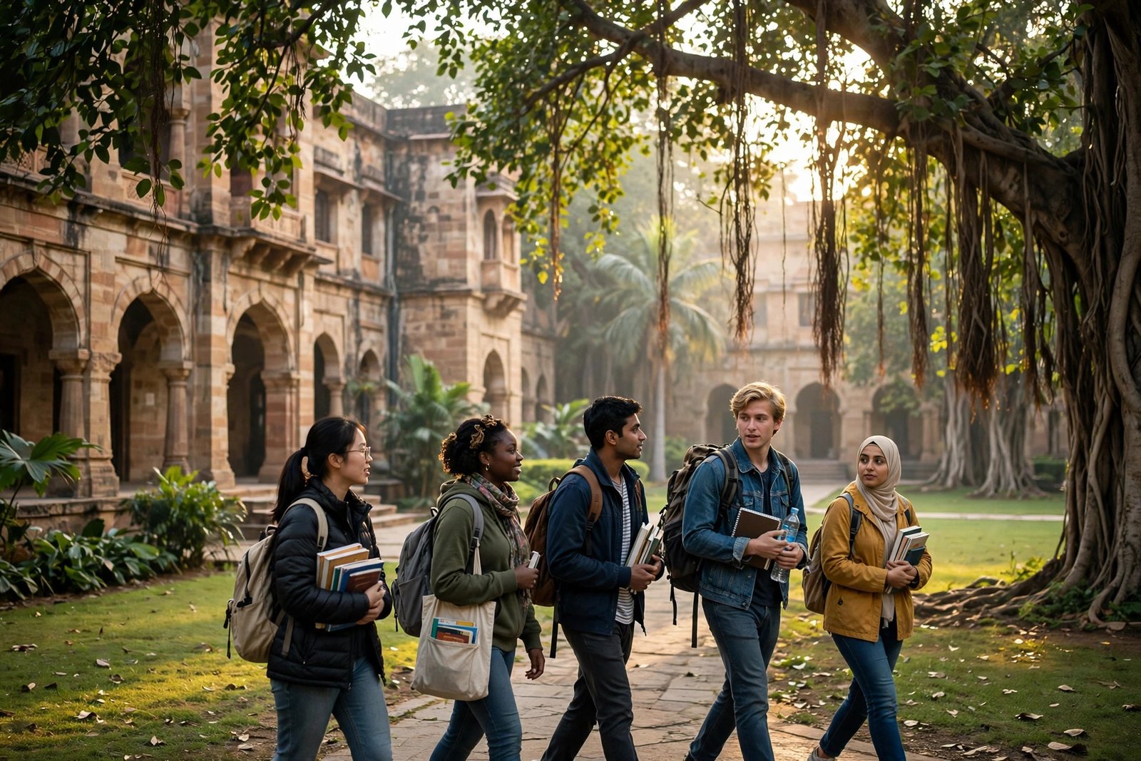 International students on an Indian university campus researching the ICCR Scholarship to study in India