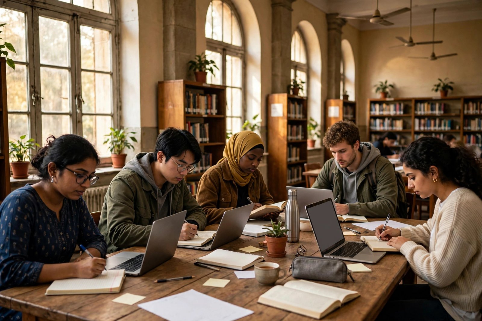 Postgraduate students studying in an Indian university library under the ICCR Scholarship programme