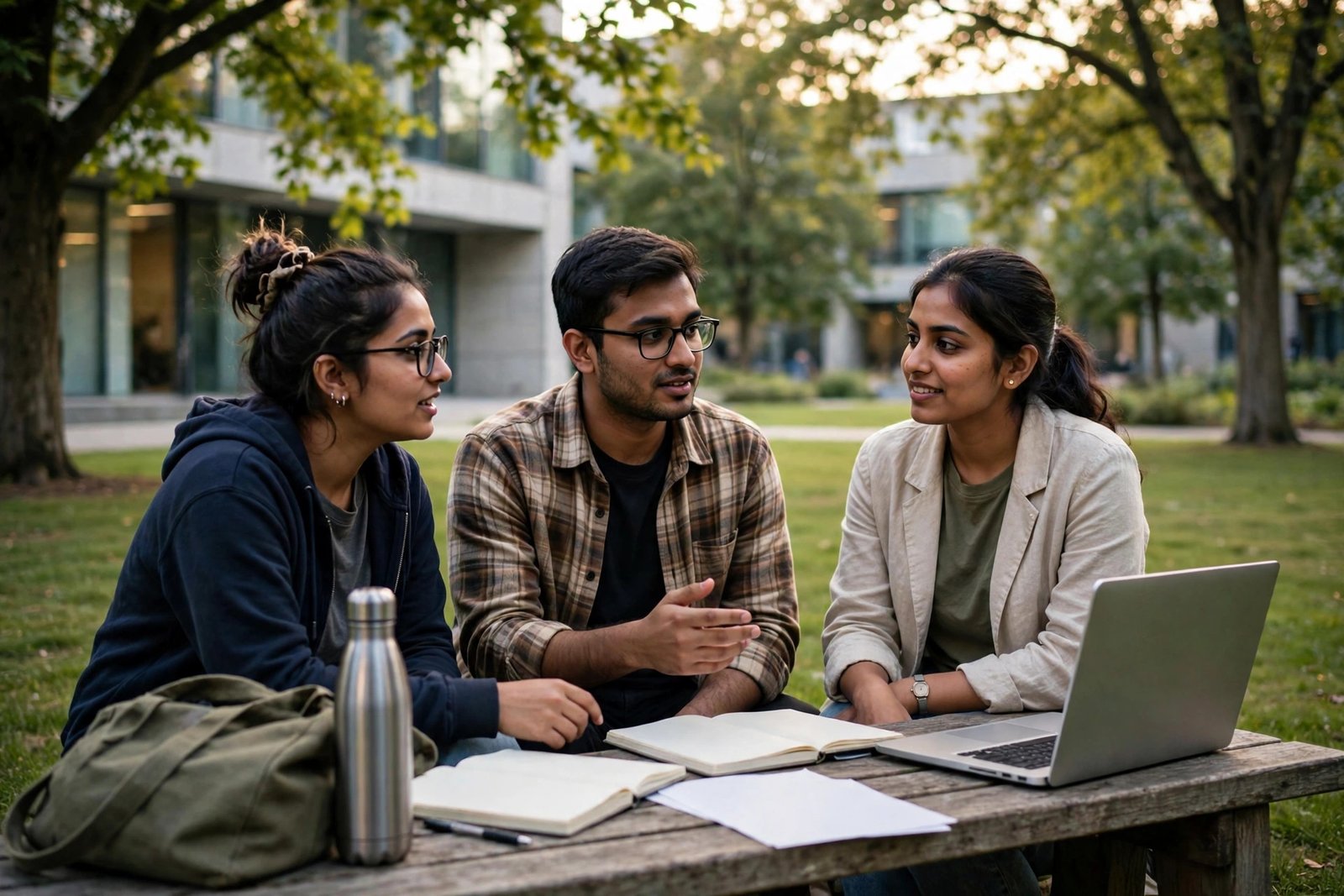 South Asian postgraduate students planning Aga Khan Foundation scholarship applications on a university campus