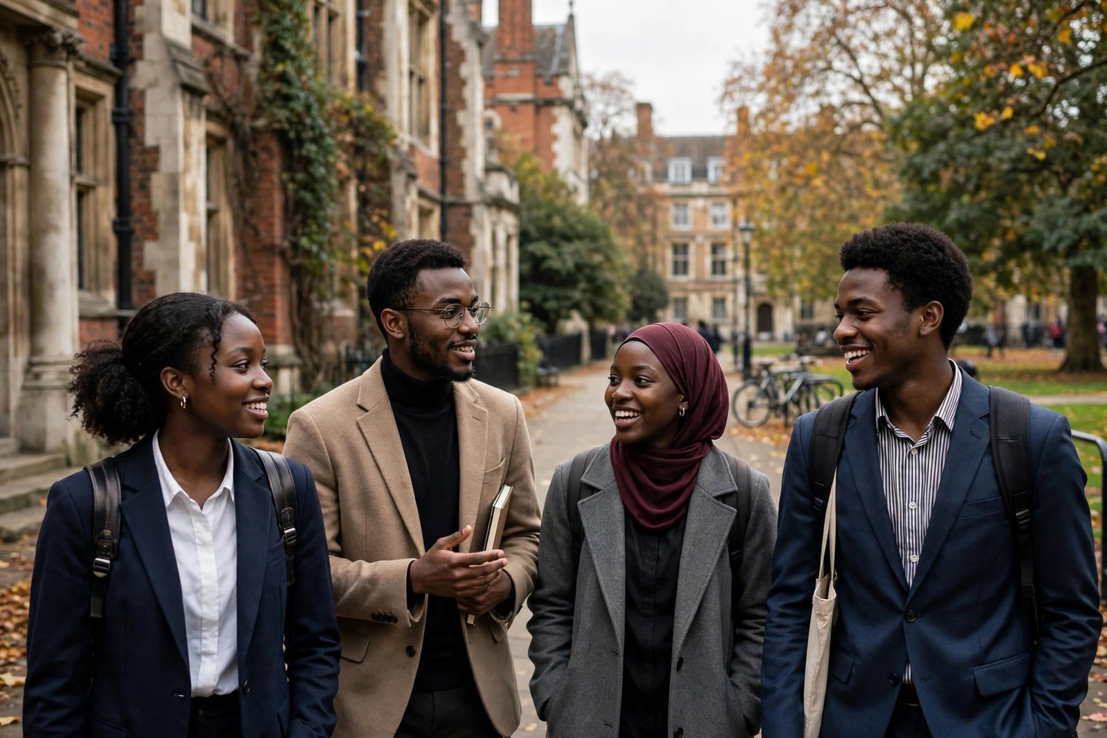 African postgraduate students walking on a London university campus discussing leadership and governance