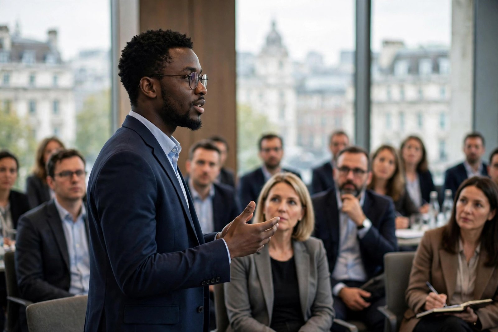 African postgraduate researcher presenting governance research at a policy conference in London