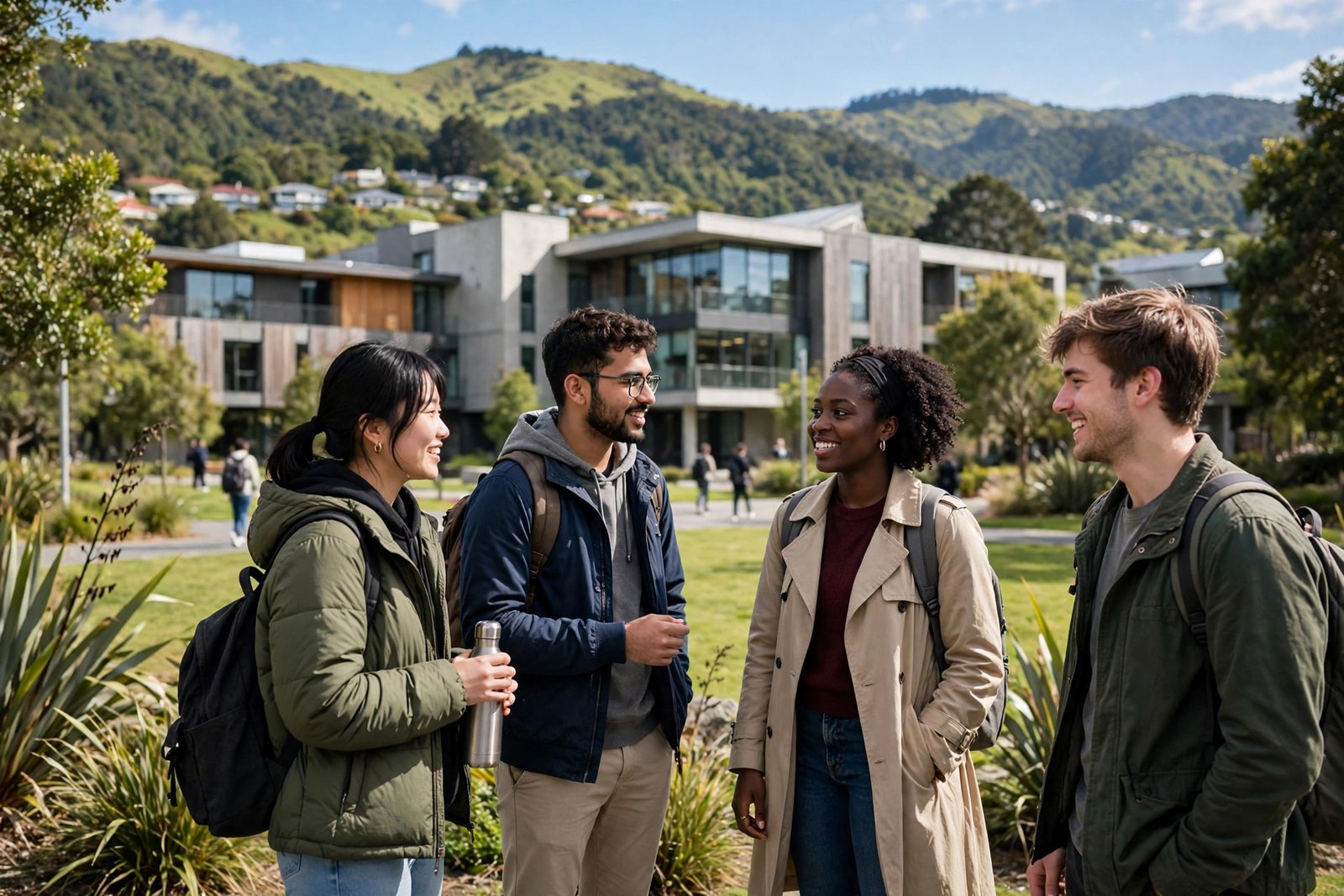 International students on a green university campus in Wellington New Zealand under a sunny sky
