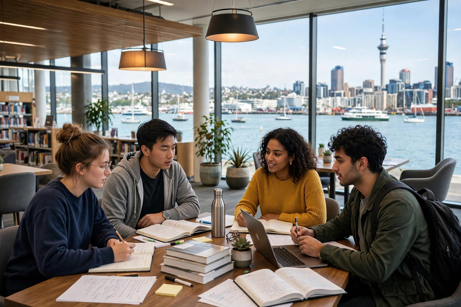 Students studying together in a bright university library in Auckland New Zealand
