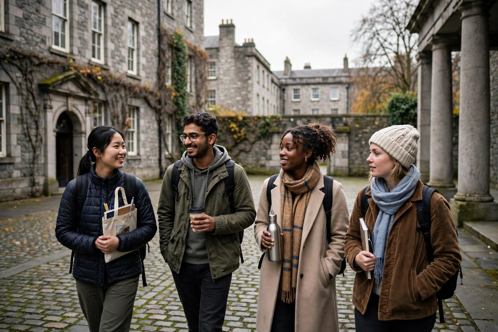International postgraduate students crossing a historic university courtyard in Dublin Ireland
