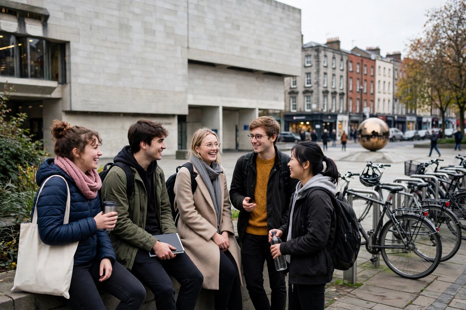 Students talking outside a modern university library in Dublin Ireland with bicycles nearby