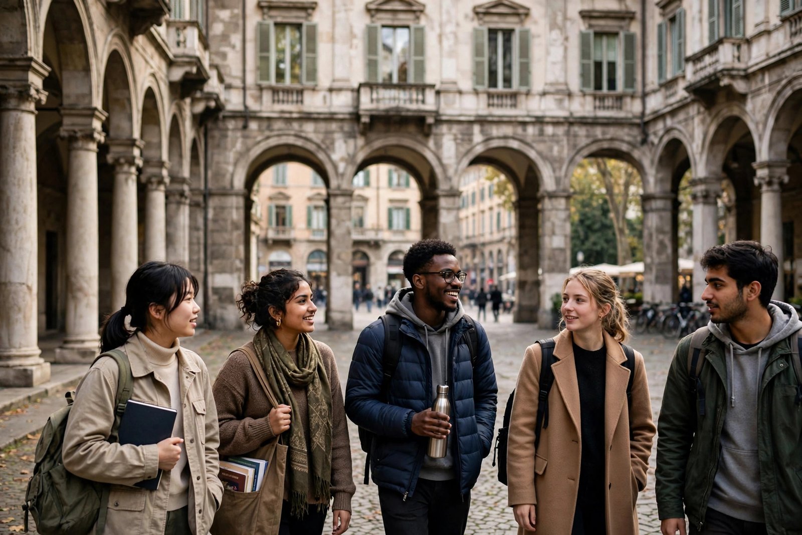 International Master's students on a historic university campus in Milan, Italy