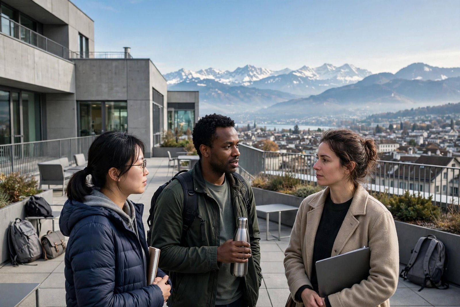 PhD researchers at a Swiss university with the Alps in the distance