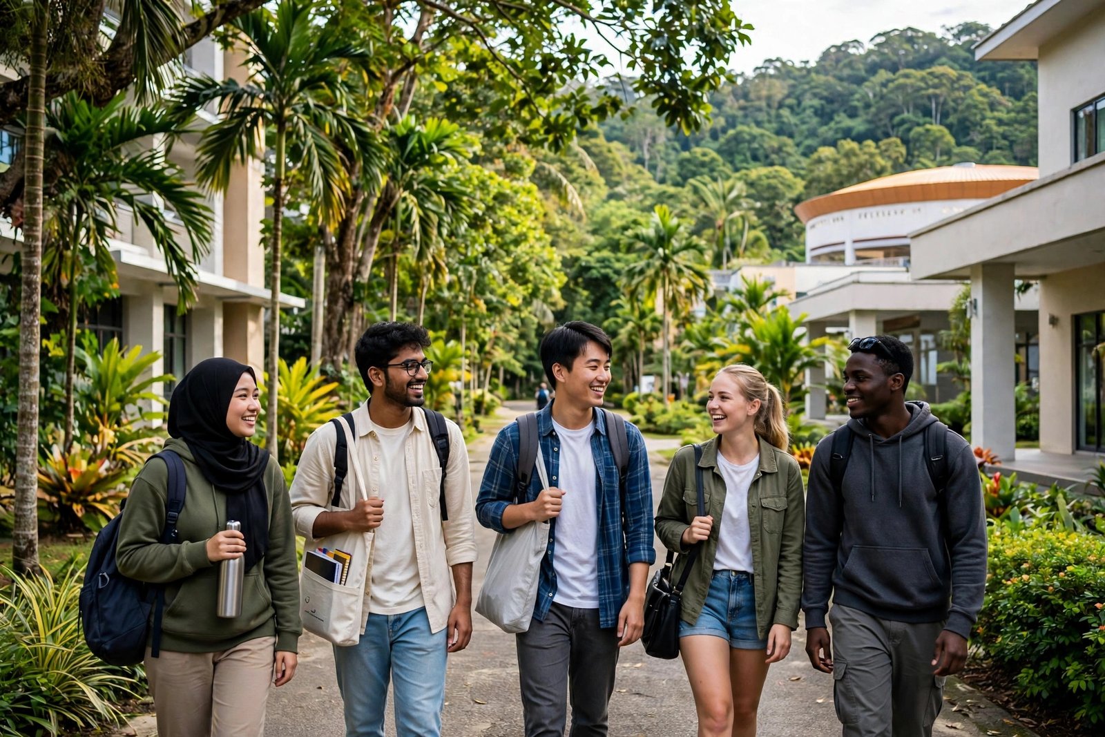 International students on a tropical university campus in Brunei Darussalam