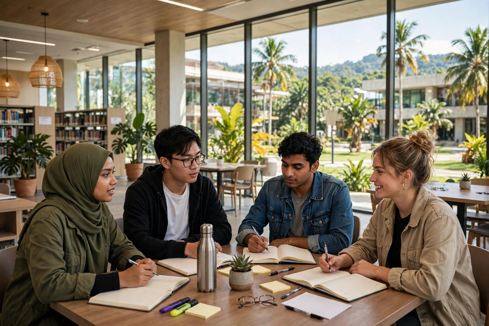 Students studying together in a bright university library in Brunei, Southeast Asia