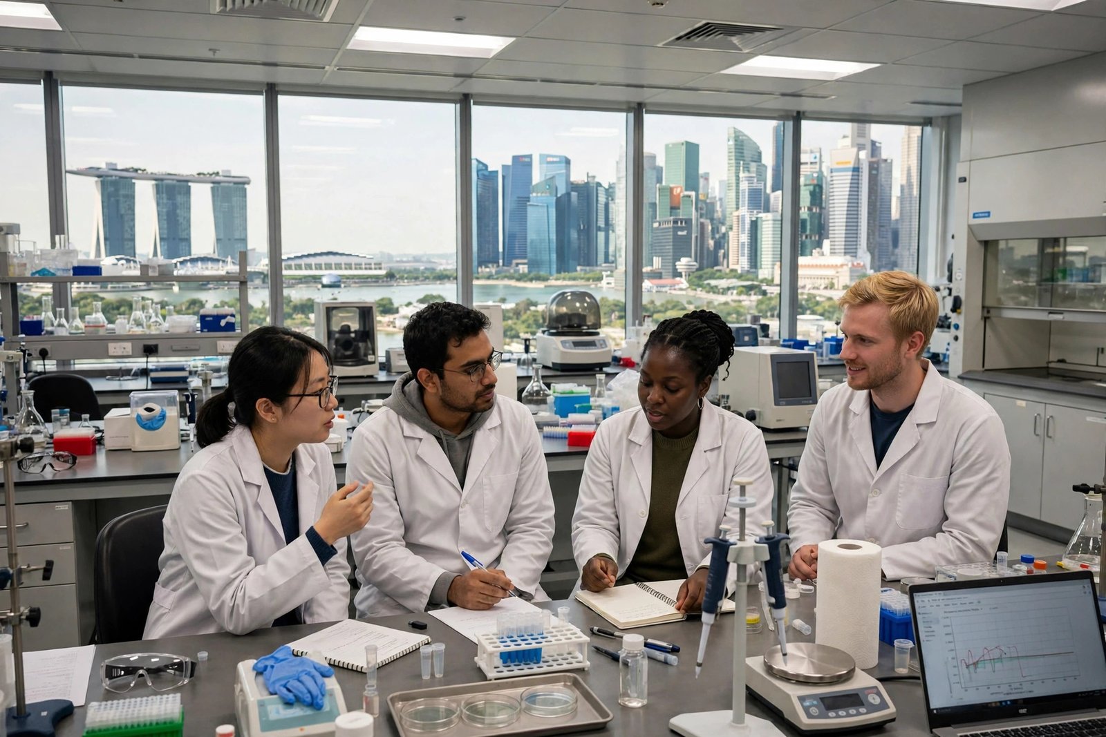 International PhD researchers working in a modern Singapore research laboratory under the SINGA scholarship