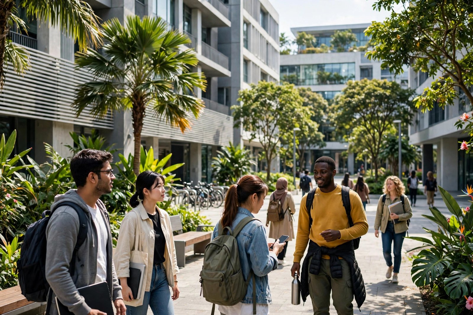 Graduate students on a green Singapore university campus discussing doctoral research